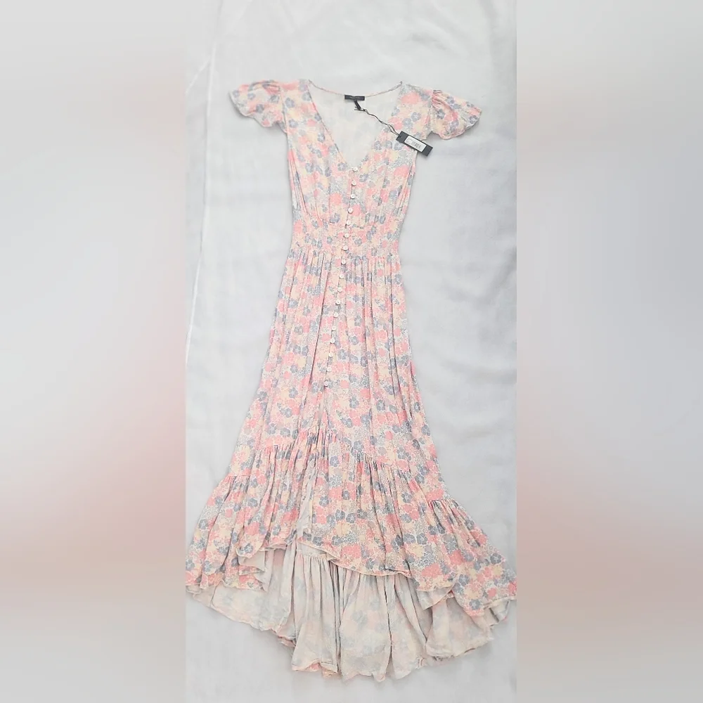 NWT! Luxe Bobi Anthro Pastel Chic Floral Print Ruffled Cottagecore Maxi Dress XS - Picture 9 of 16